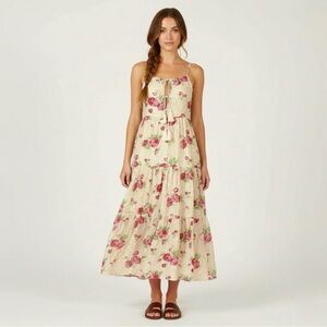 Christy Dawn Floral Tiered Midi Dress Sz.S Ivory Red Roses Romantic Sundress
